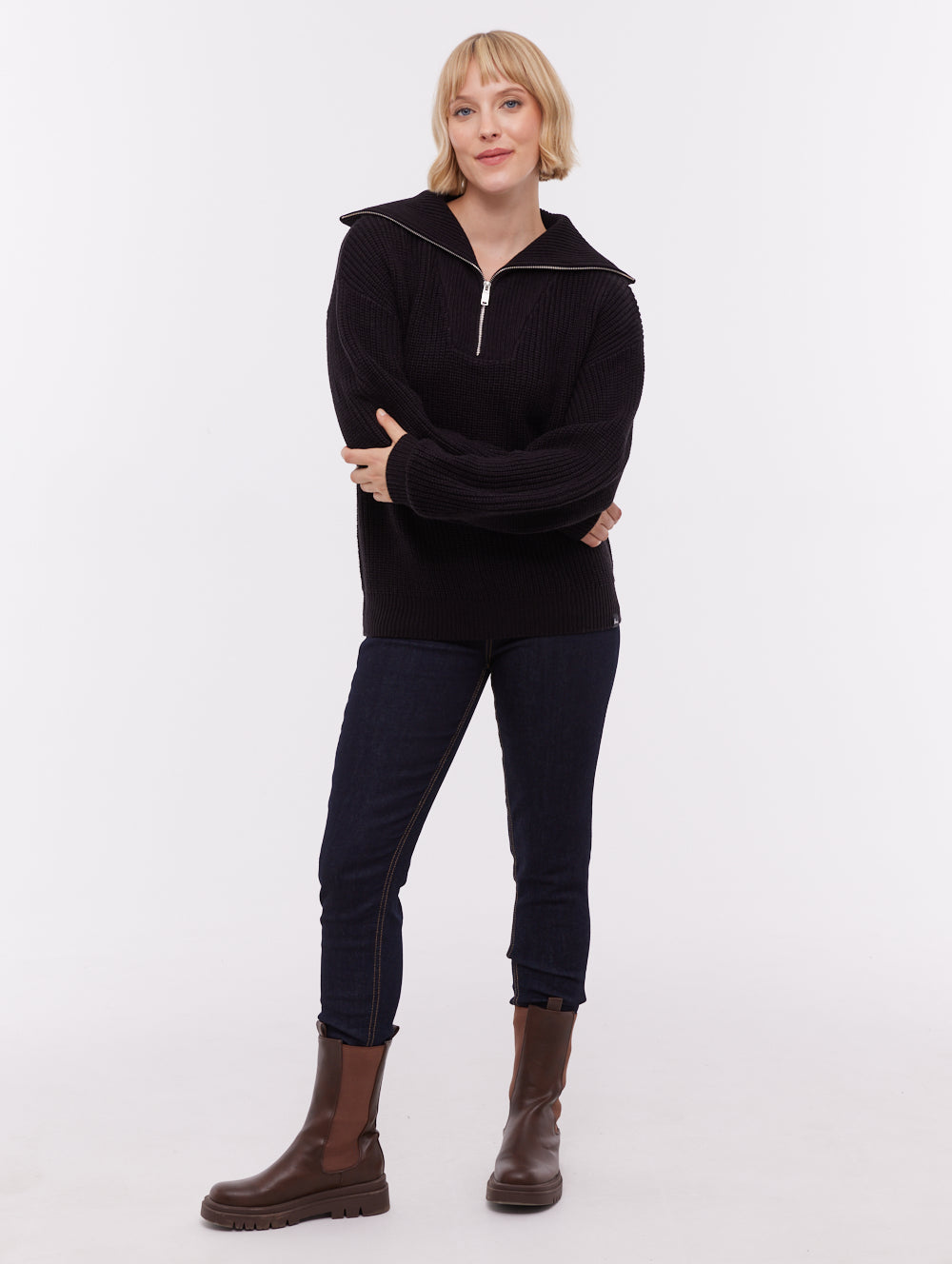 Thurynn Oversize Zippered Funnel Sweater - Black