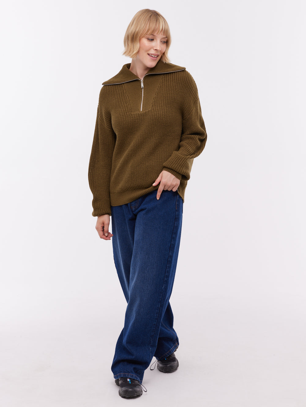 Thurynn Oversize Zippered Funnel Sweater - Green