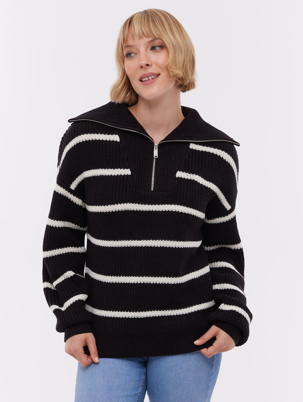 Margita Striped Zippered Funnel Sweater - Black