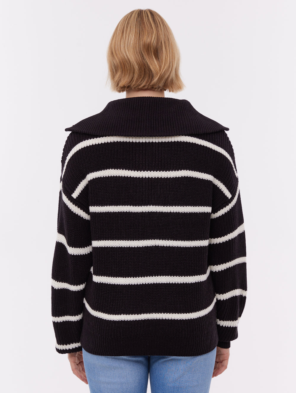 Margita Striped Zippered Funnel Sweater - Black