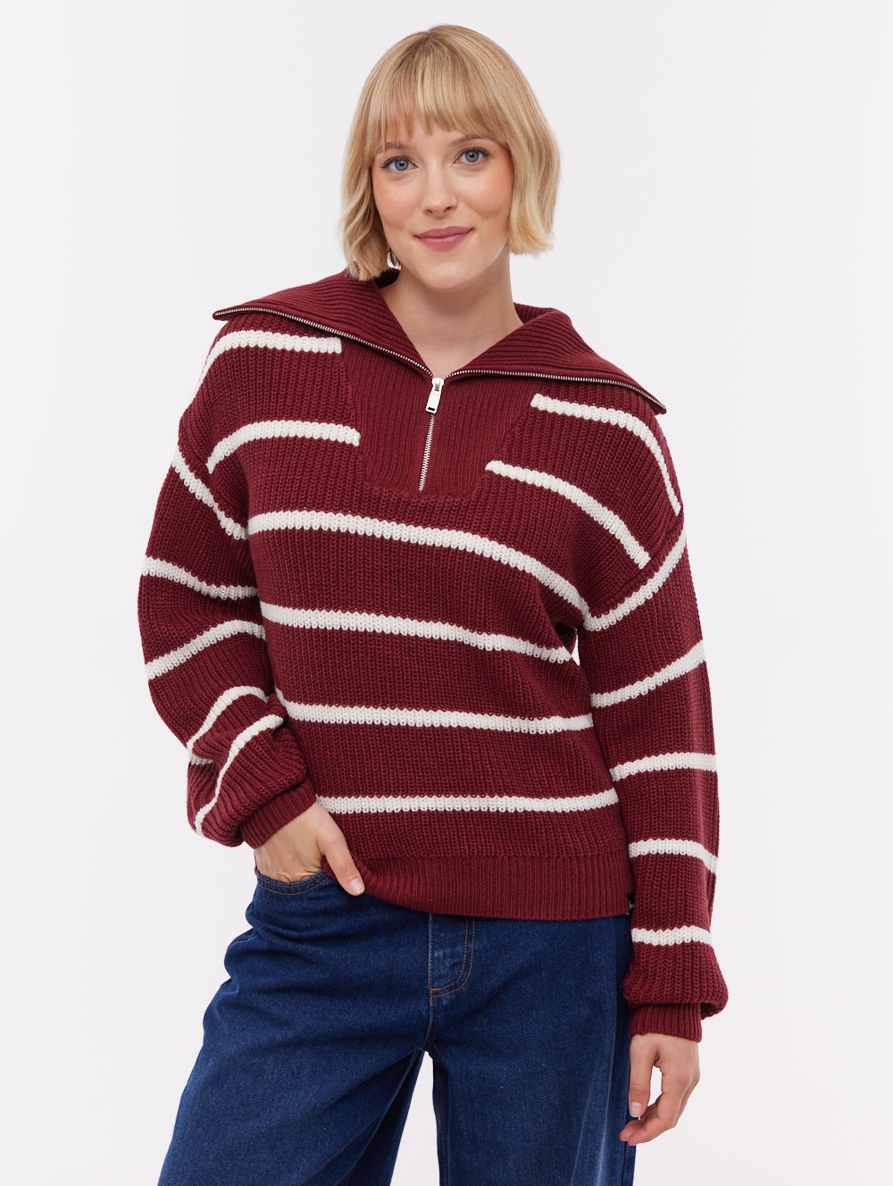 Margita Striped Zippered Funnel Sweater - Red
