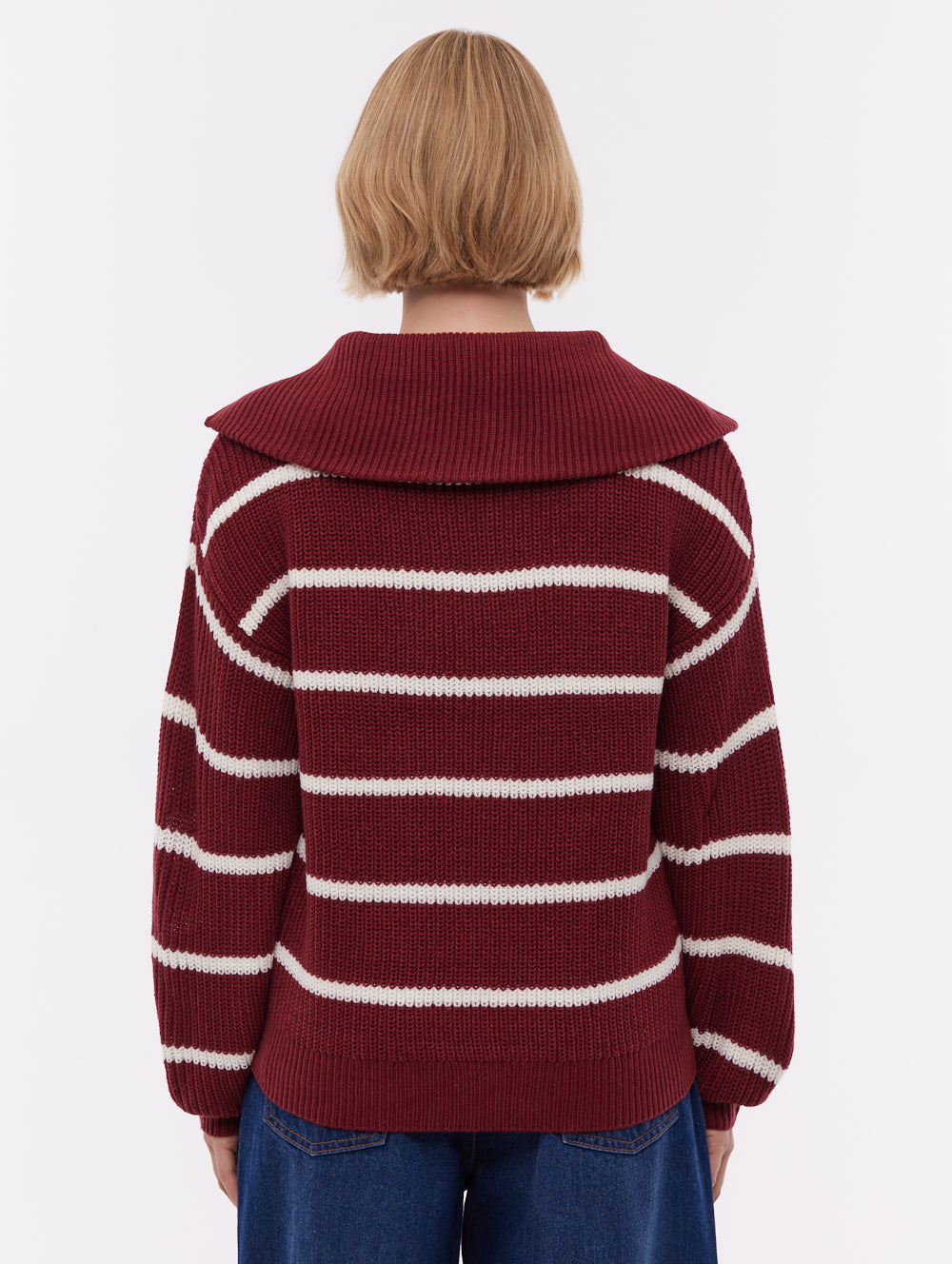 Margita Striped Zippered Funnel Sweater - Red