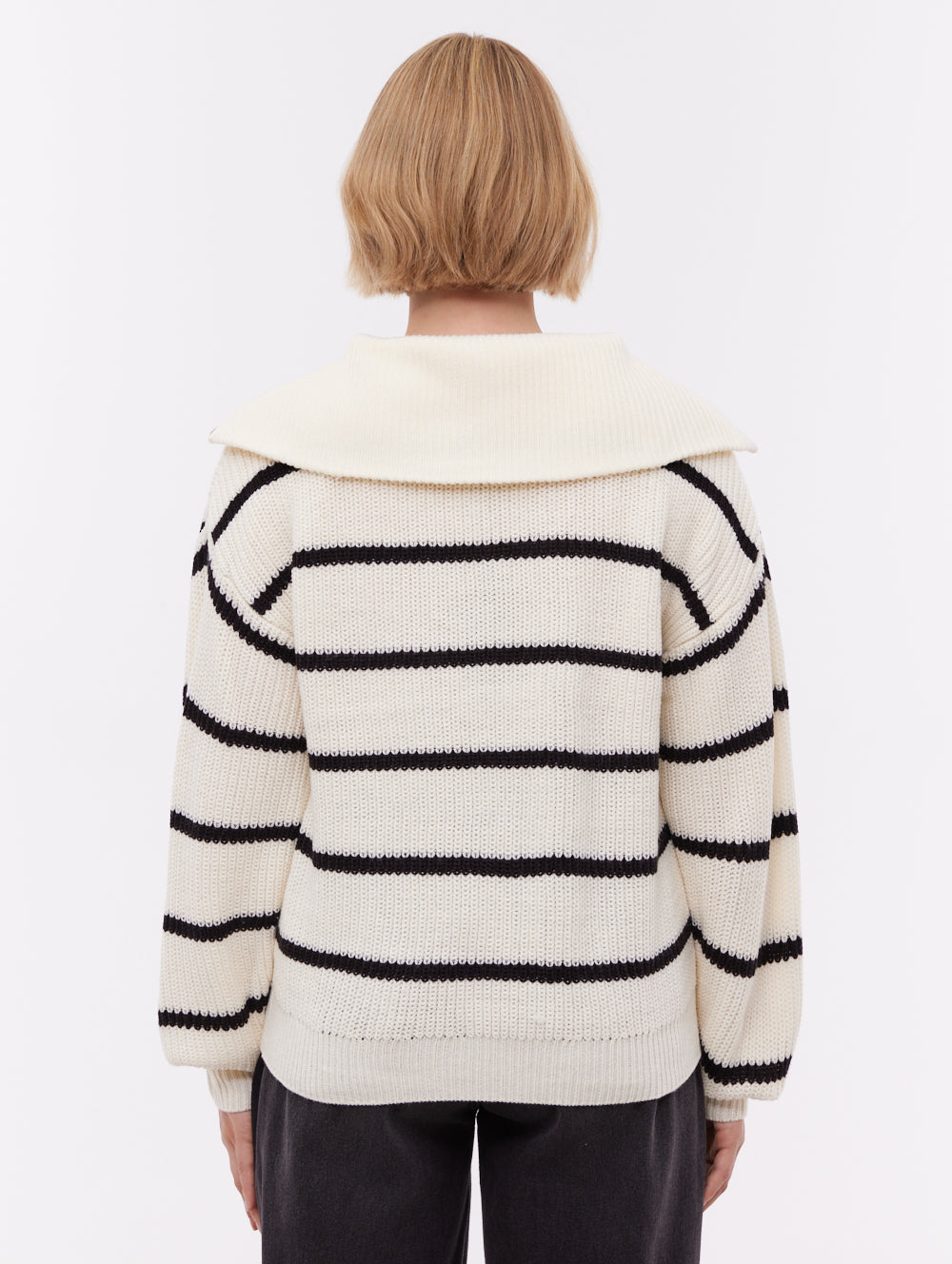 Margita Striped Zippered Funnel Sweater - Beige