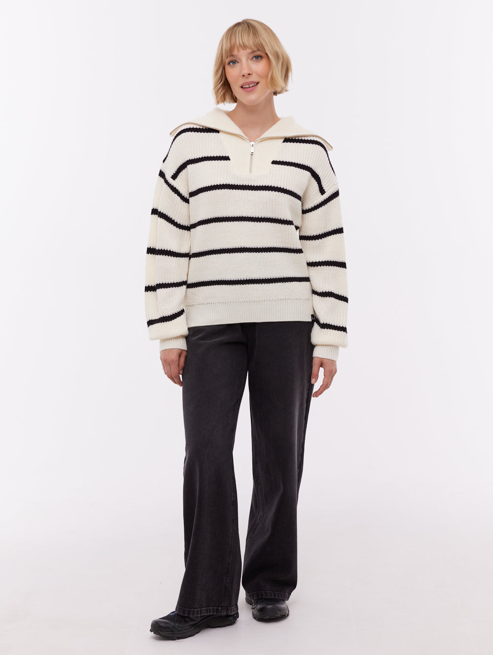 Margita Striped Zippered Funnel Sweater - Beige