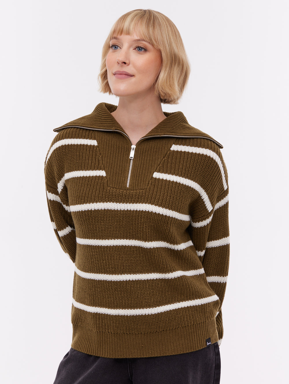 Margita Striped Zippered Funnel Sweater - Green