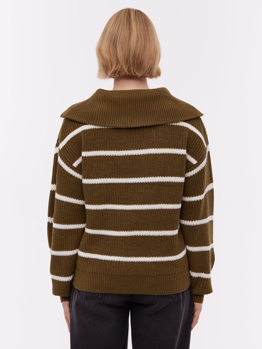 Margita Striped Zippered Funnel Sweater - Green