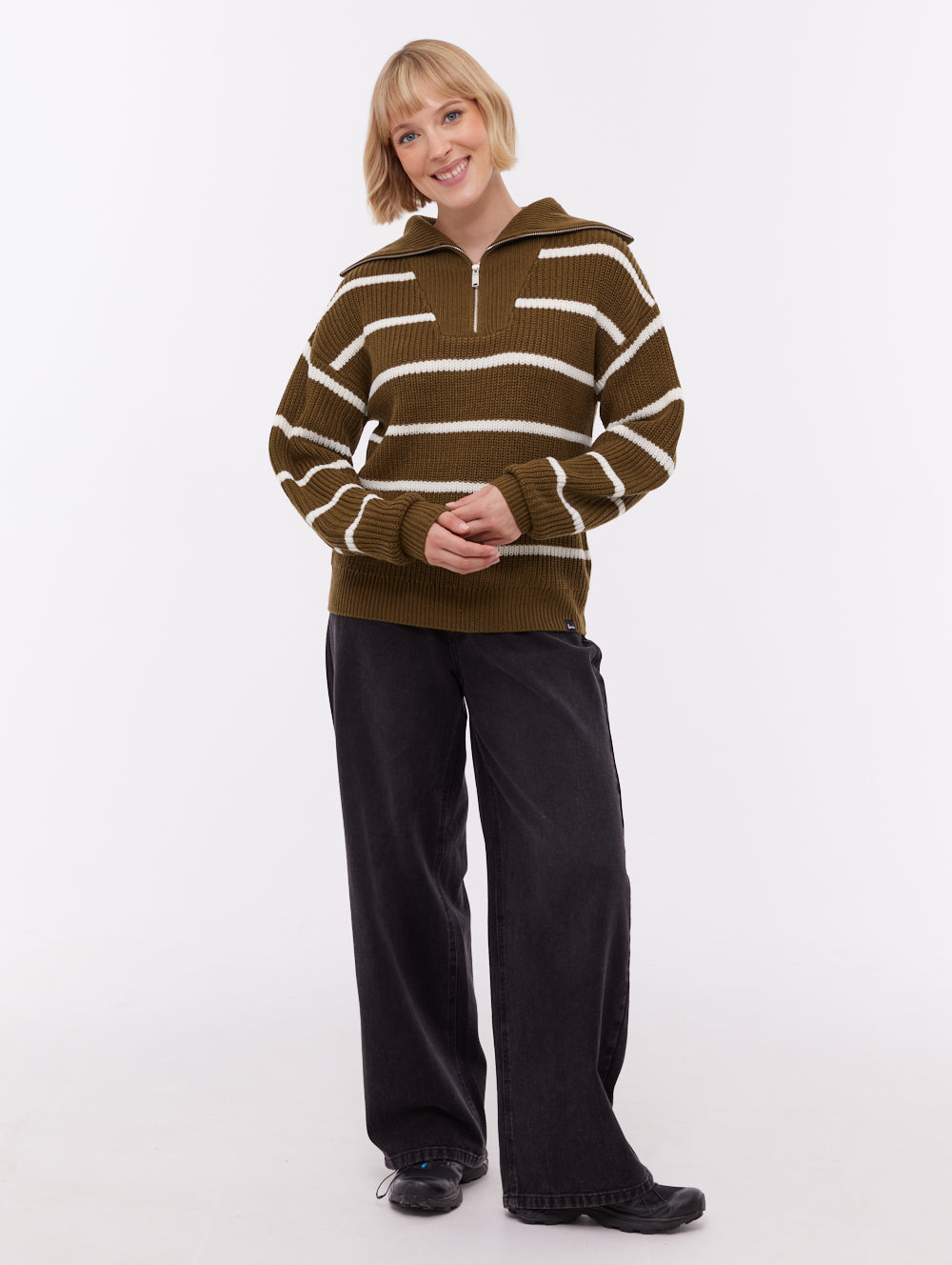 Margita Striped Zippered Funnel Sweater - Green