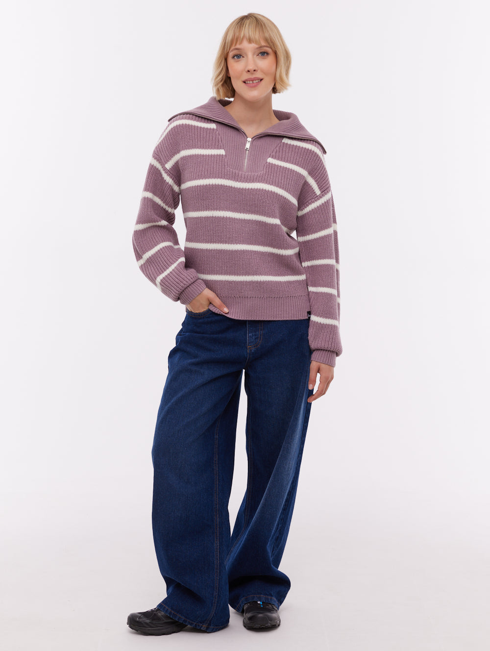 Margita Striped Zippered Funnel Sweater - Purple